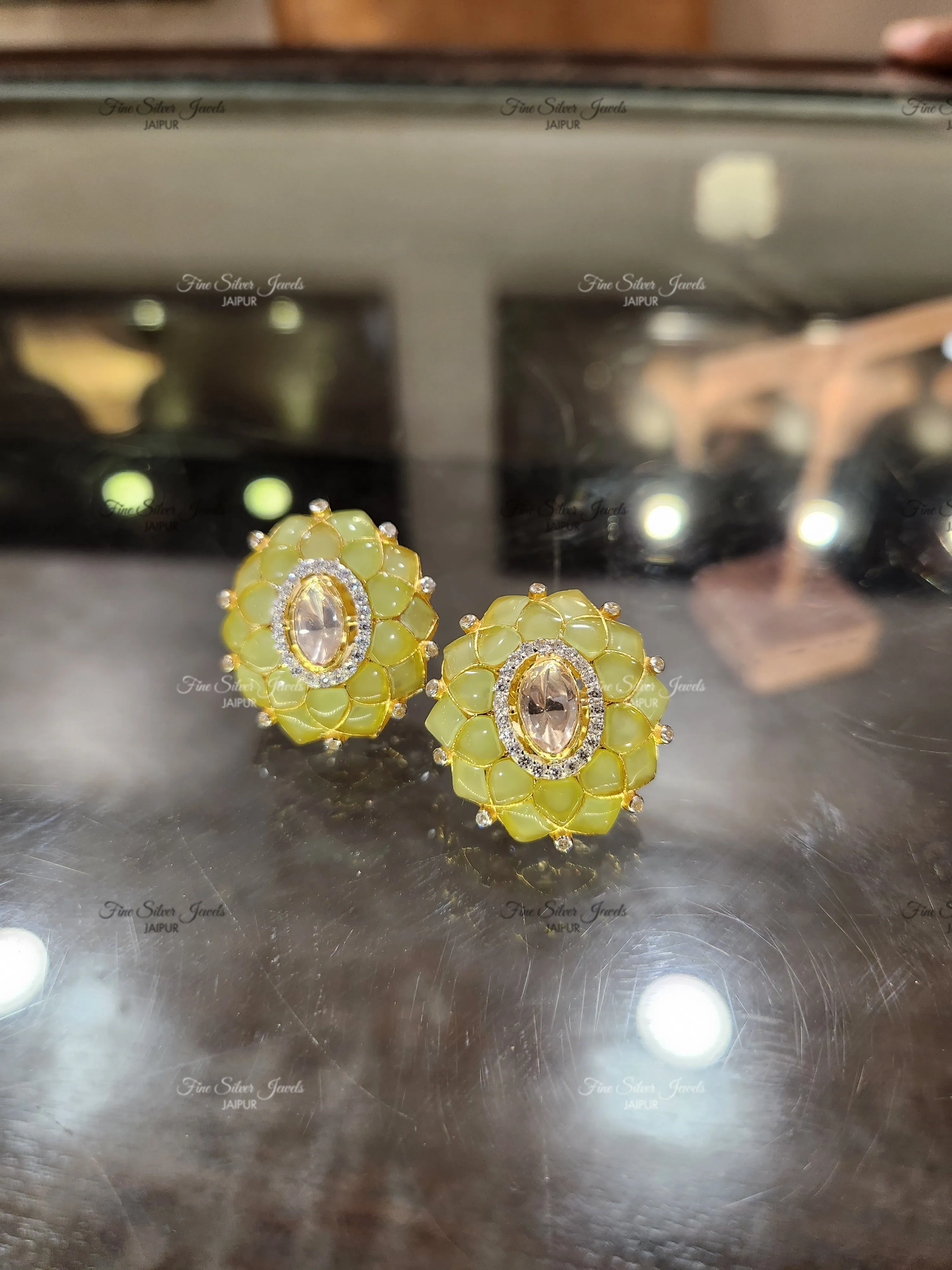 92.5 Silver Noor Polki Earrings (green)