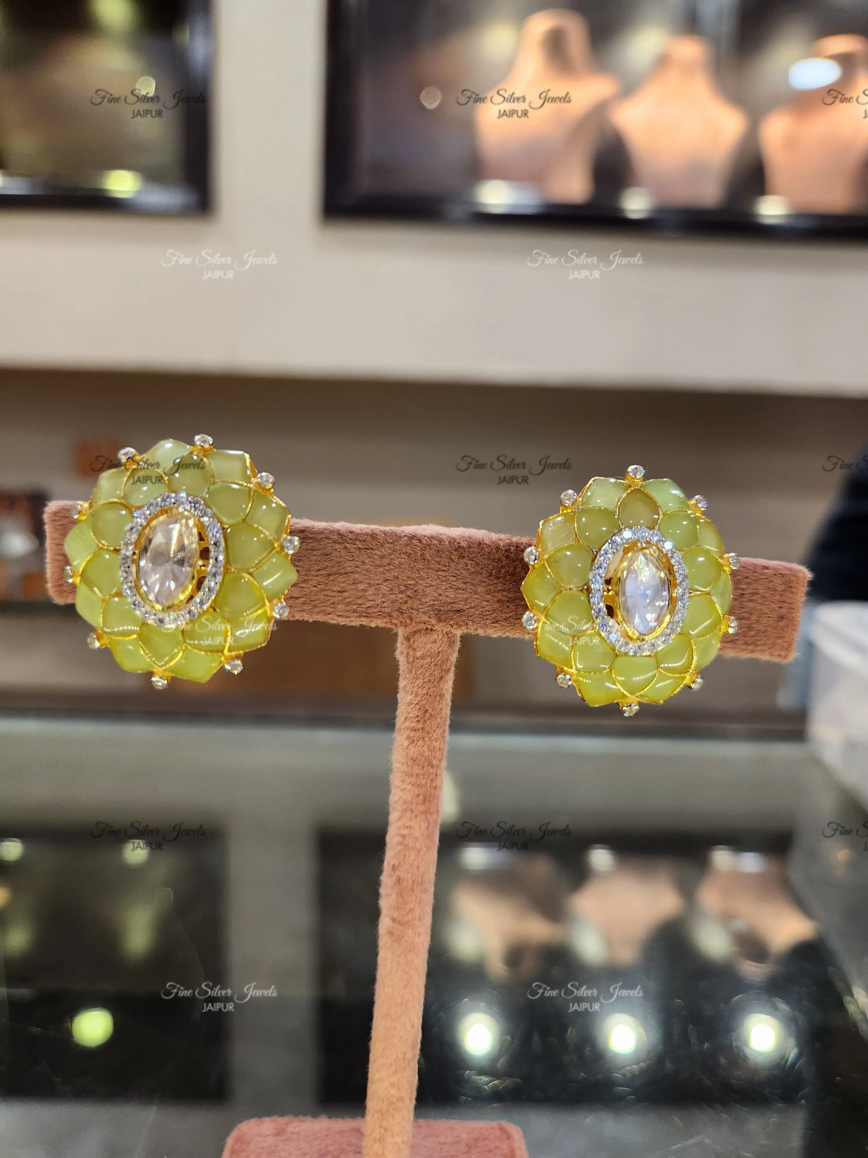92.5 Silver Noor Polki Earrings (green)