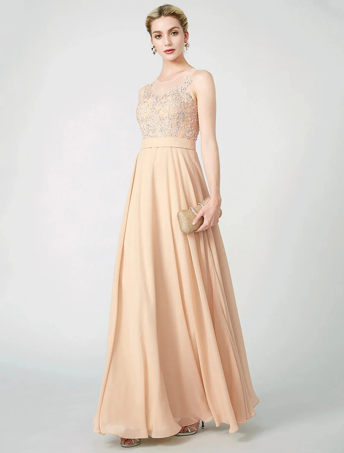 Aimishang  A-Line Classic & Timeless Keyhole Pastel Colors Holiday Cocktail Party Prom Dress Illusion Neck Sleeveless Floor Length Chiffon Beaded Lace with Pleats Appliques