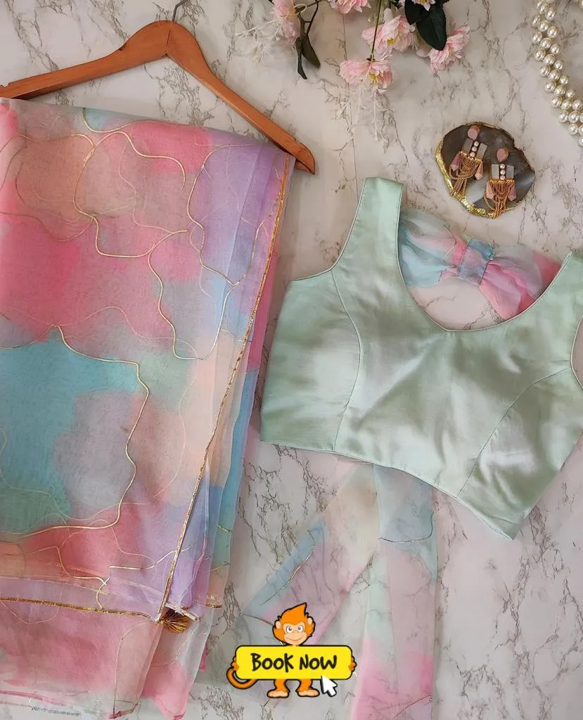 Beautiful Designer Pastel Multicolor Hand Printed Organza Saree