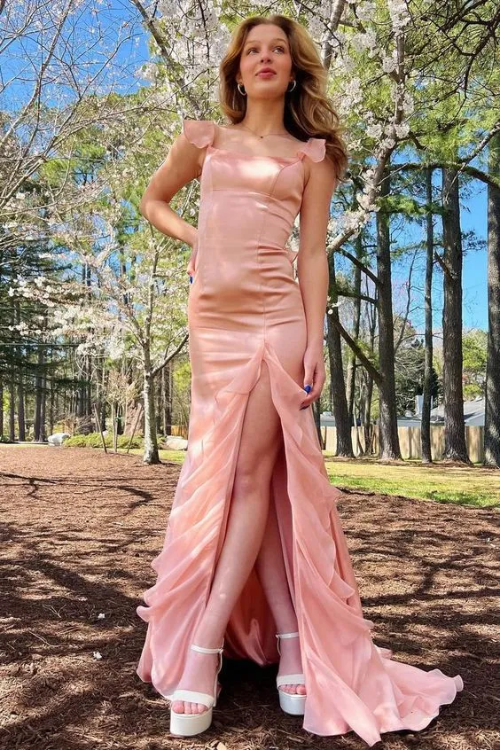 Blush Pink Chiffon Prom Dresses Ruffle Evening Gown, LTP3259