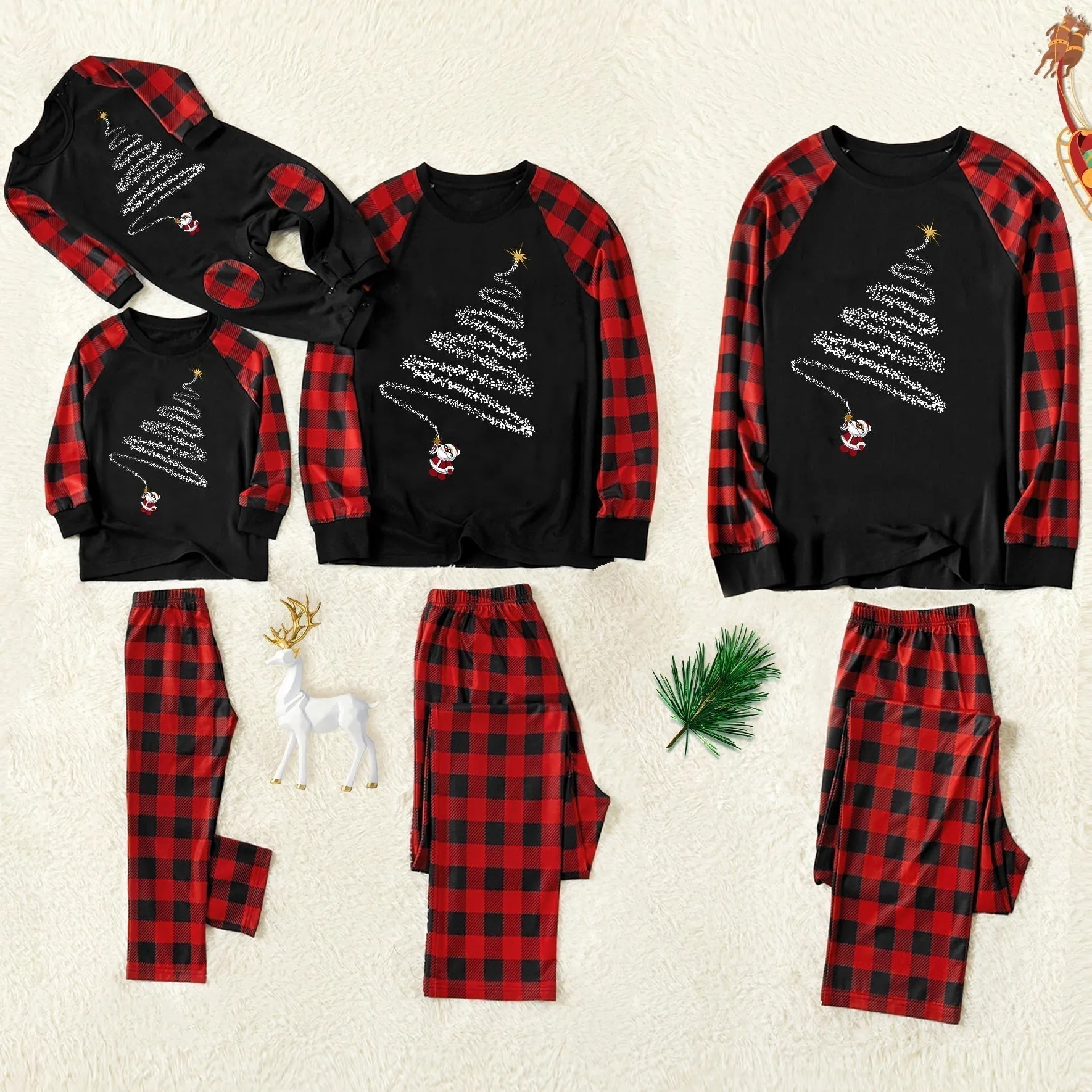 Christmas "We Are Family" Letter Print Patterned Contrast Black top and Black & Red Plaid Pants Family Matching Pajamas Set