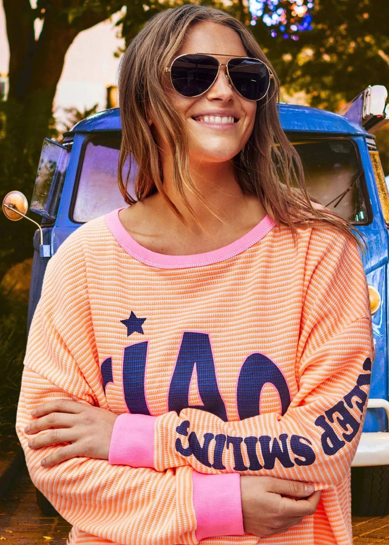 CIAO Orange Stripe Waffle Top