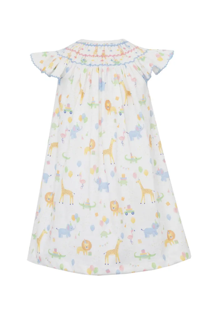 Claire & Charlie Baby Girls Pastel Birthday Animals Parade Smocked Bishop Dress