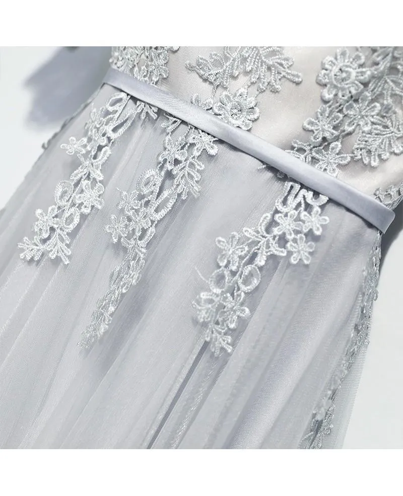 Classy Silver Flowy Long Tulle Prom Dress With Short Sleeves PG599