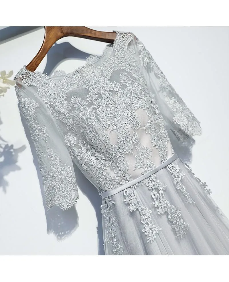 Classy Silver Flowy Long Tulle Prom Dress With Short Sleeves PG599