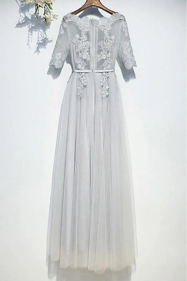 Classy Silver Flowy Long Tulle Prom Dress With Short Sleeves PG599