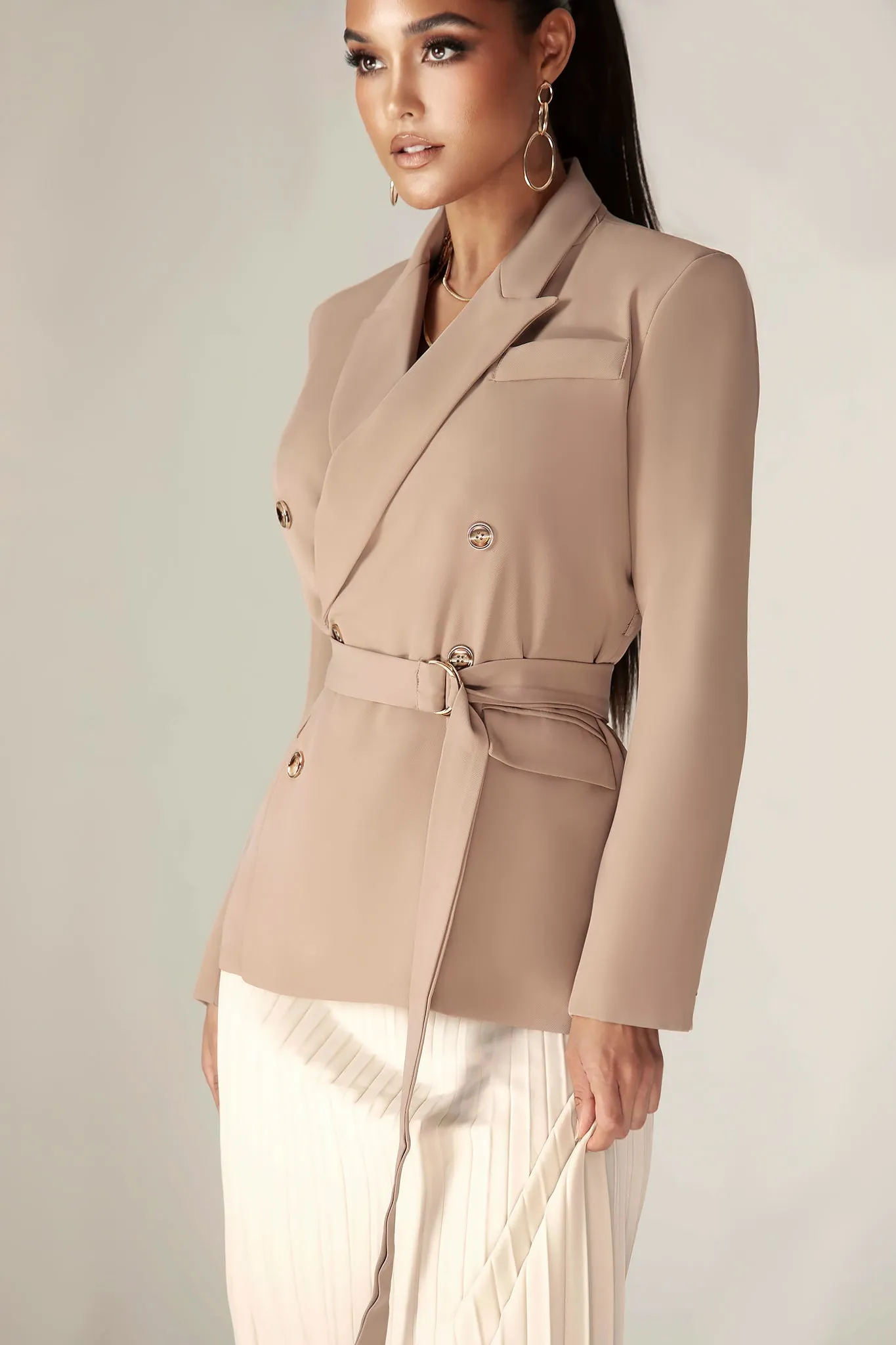 Gloriette Belted Double Breasted Crepe Blazer (Pastel Brown)