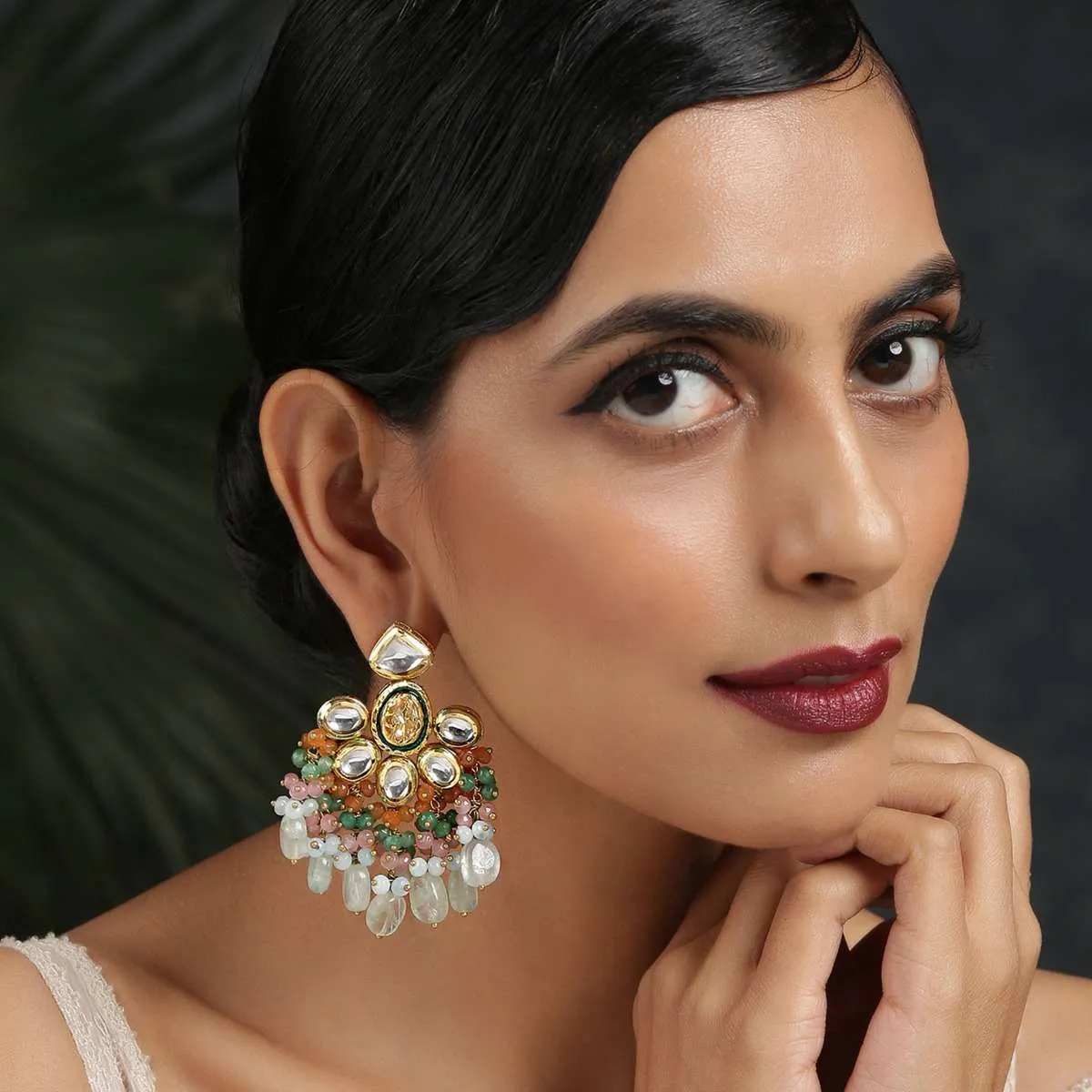 Gold Plated Earrings With Dangling Multi Colored Bead Fringes And Kundan Encrusted In Floral Design