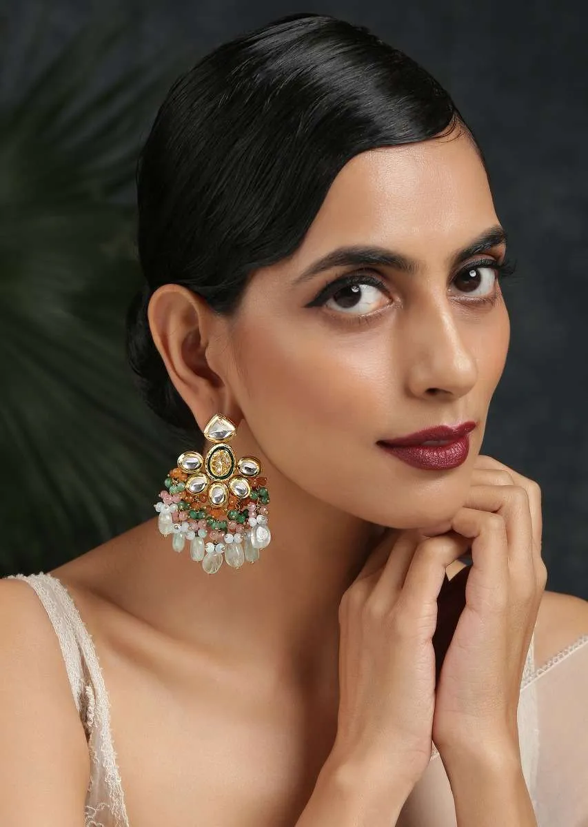 Gold Plated Earrings With Dangling Multi Colored Bead Fringes And Kundan Encrusted In Floral Design