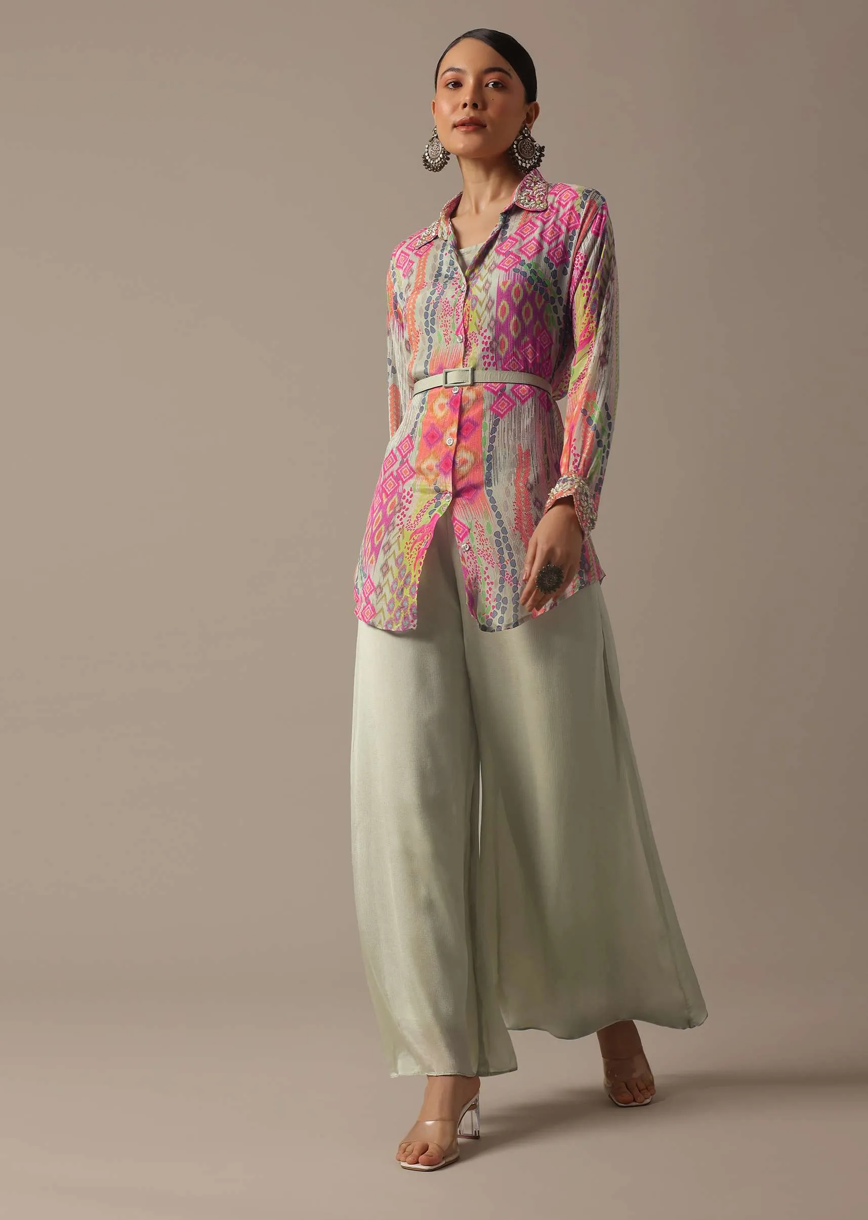 Green Floral Print Shirt And Palazzo Set With Belt