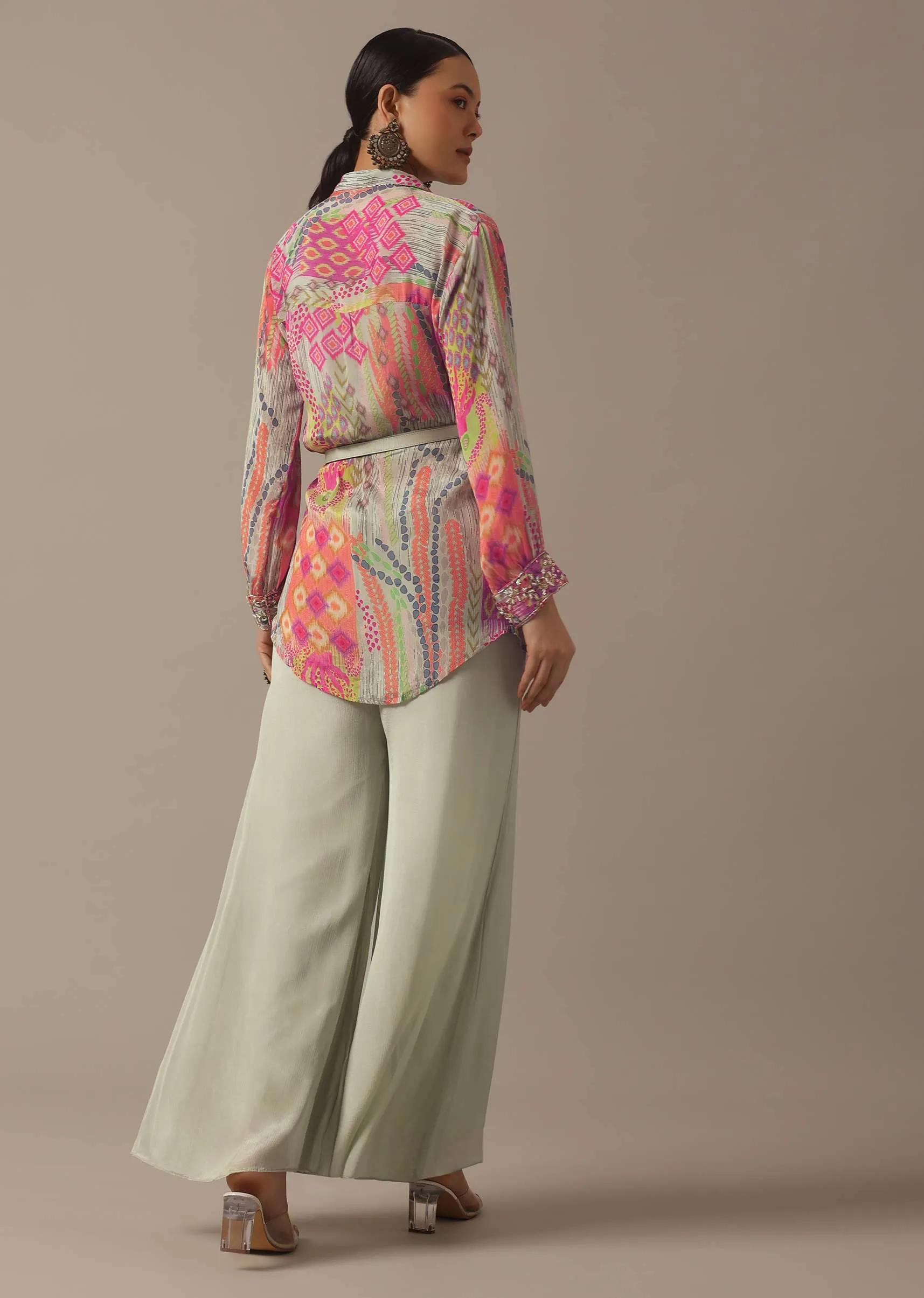 Green Floral Print Shirt And Palazzo Set With Belt