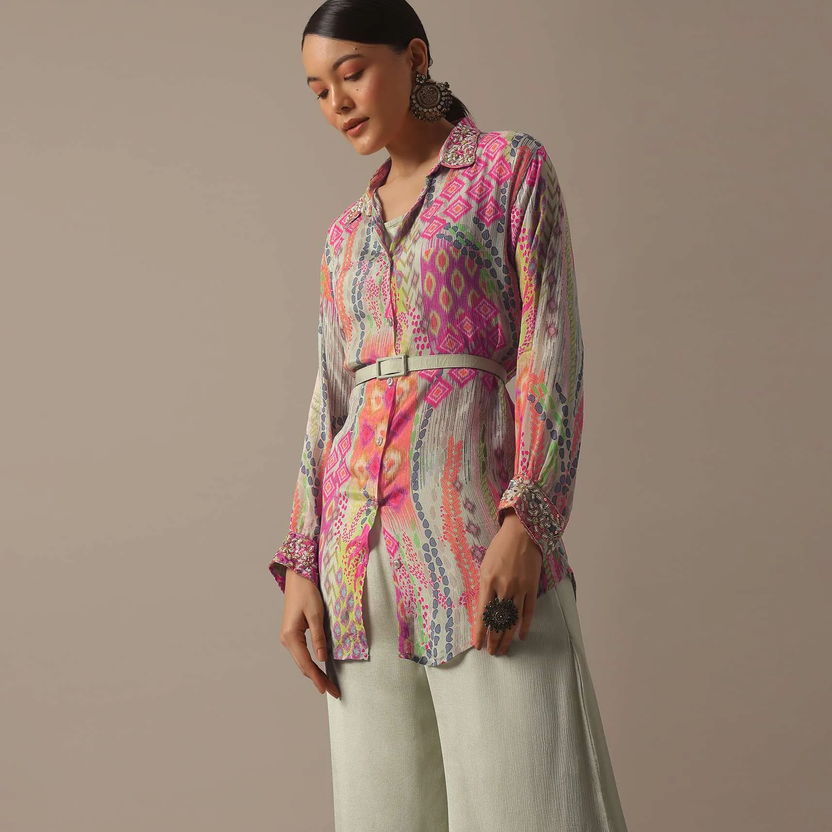 Green Floral Print Shirt And Palazzo Set With Belt
