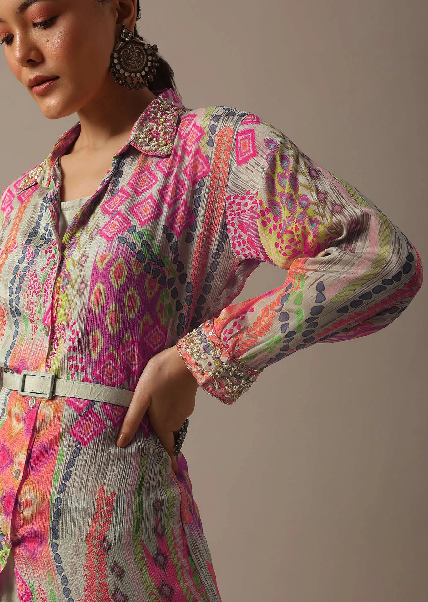 Green Floral Print Shirt And Palazzo Set With Belt