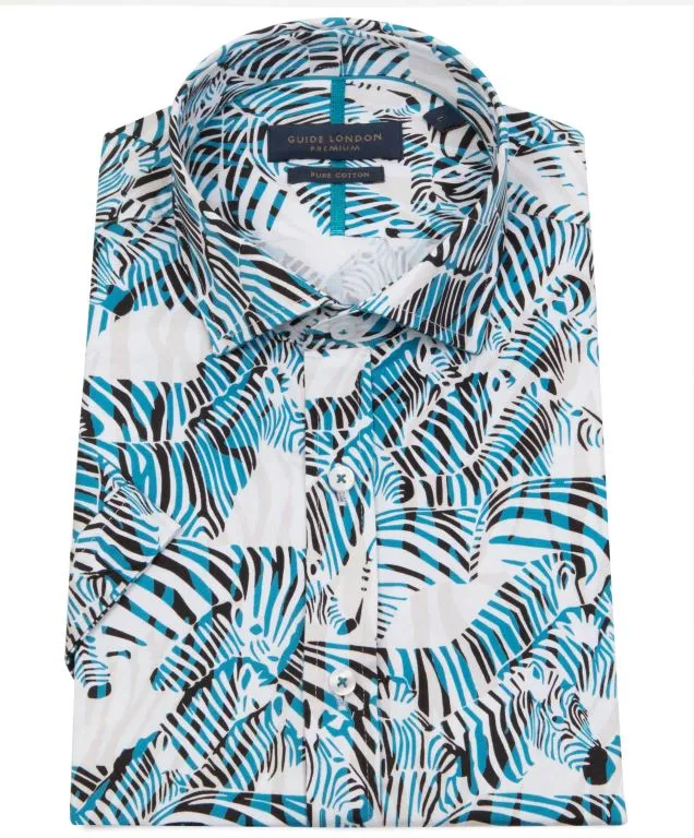 Guide London Zebra Print Short Sleeve Shirt -Hs2757-Blue