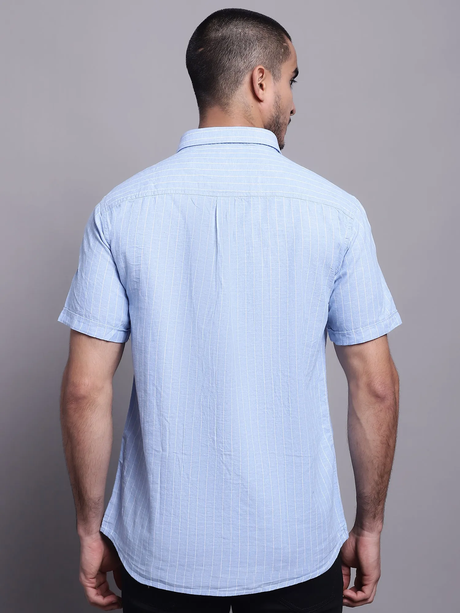 Men's Light Blue Casual Thin Stripe Half Sleeve Shirt