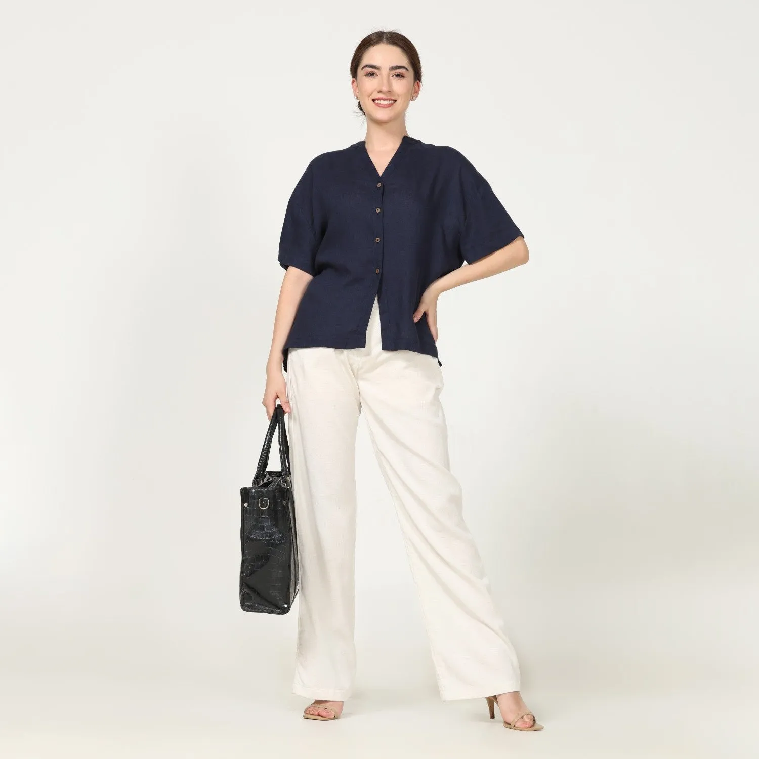 Navy Blue Mandarin Collar Shirt With Ecru Pant | Hand-Crafted | Chic Comfort