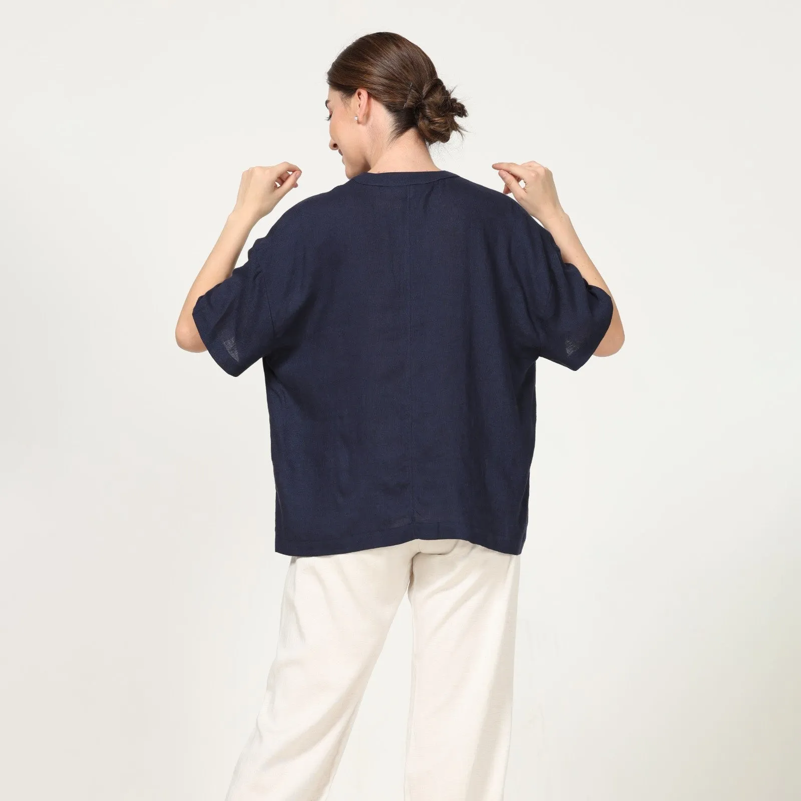 Navy Blue Mandarin Collar Shirt With Ecru Pant | Hand-Crafted | Chic Comfort