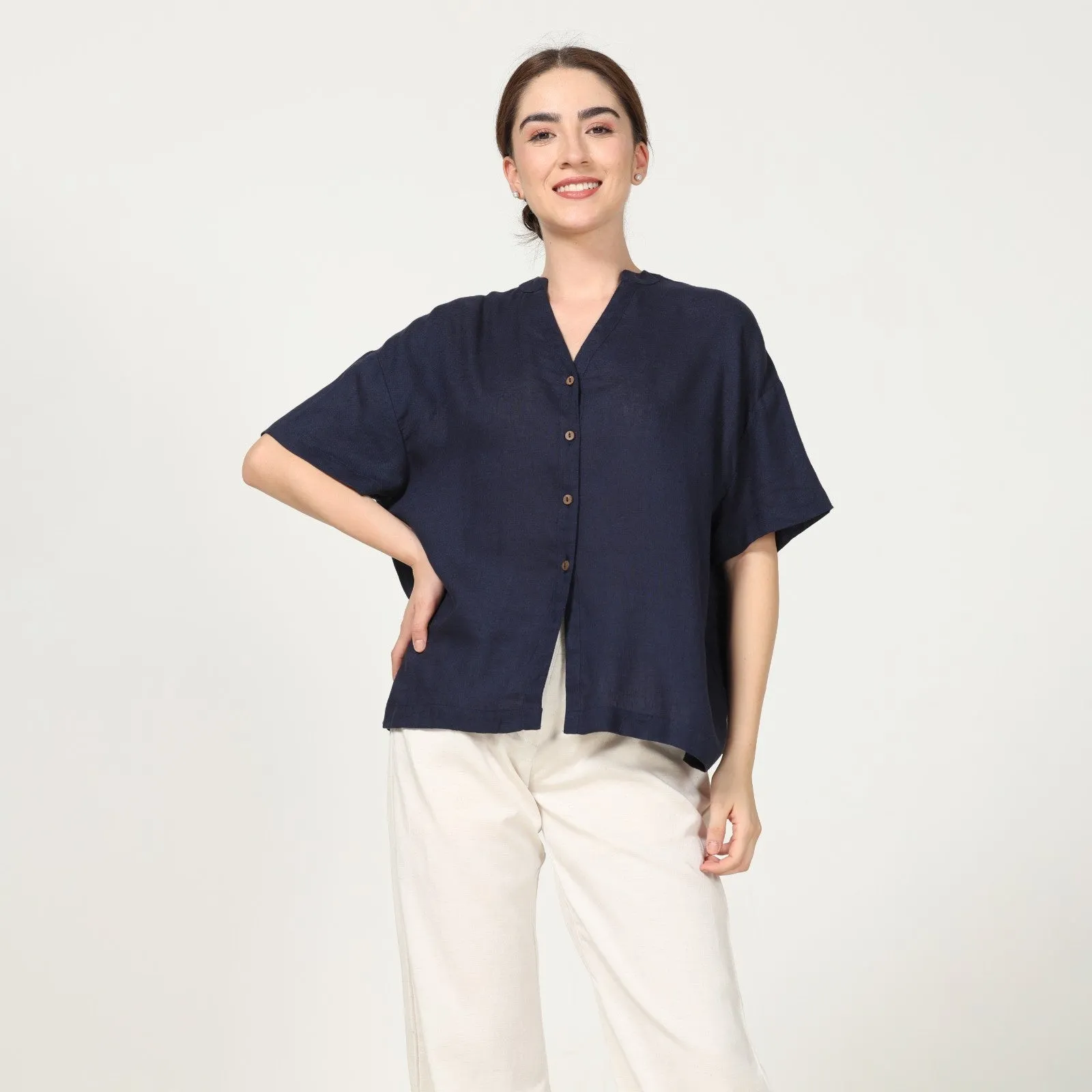 Navy Blue Mandarin Collar Shirt With Ecru Pant | Hand-Crafted | Chic Comfort