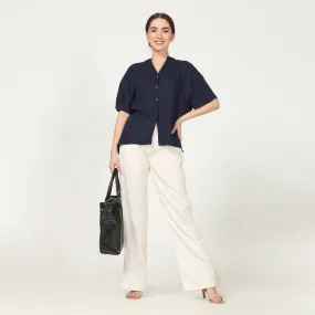 Navy Blue Mandarin Collar Shirt With Ecru Pant | Hand-Crafted | Chic Comfort