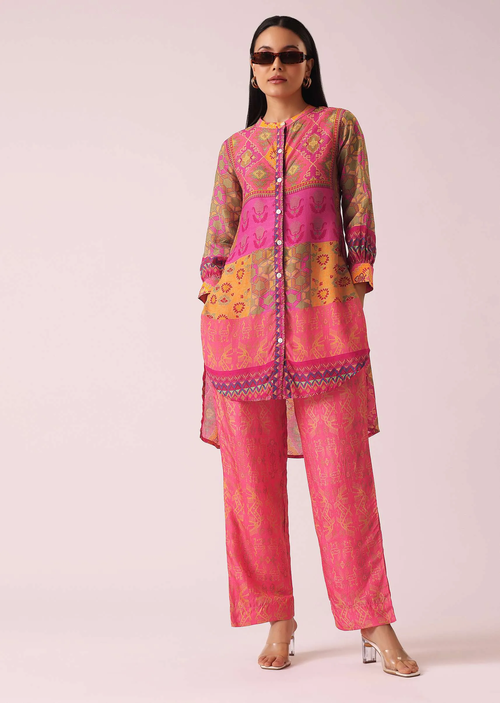 Peach Printed co ord set in Tussar Silk