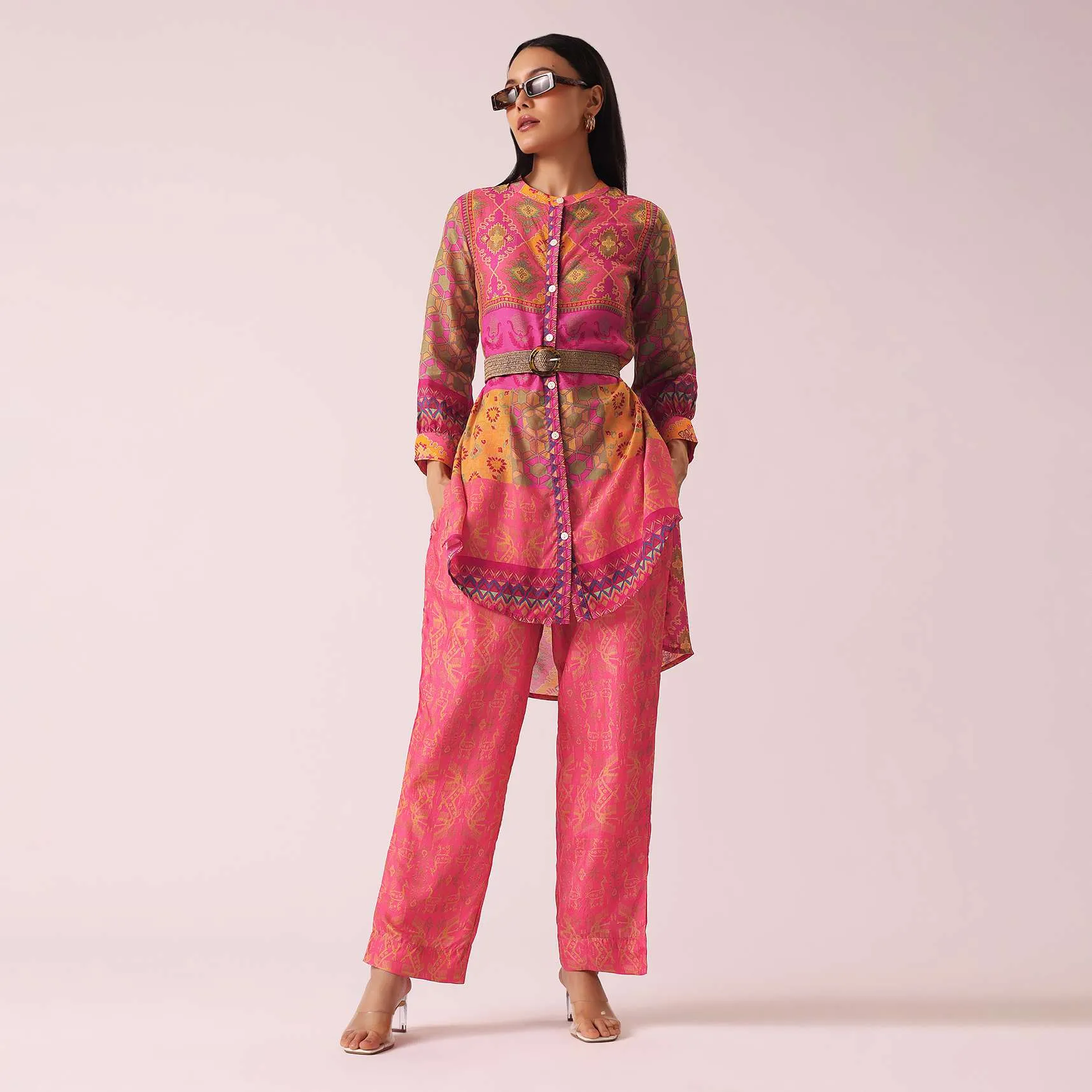 Peach Printed co ord set in Tussar Silk