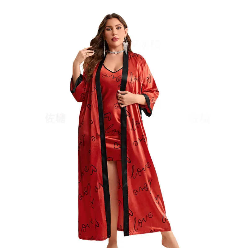Plus Size Love Sling Nightgown Two Piece Women Casual Homewear Loose Lace Up Nightgown