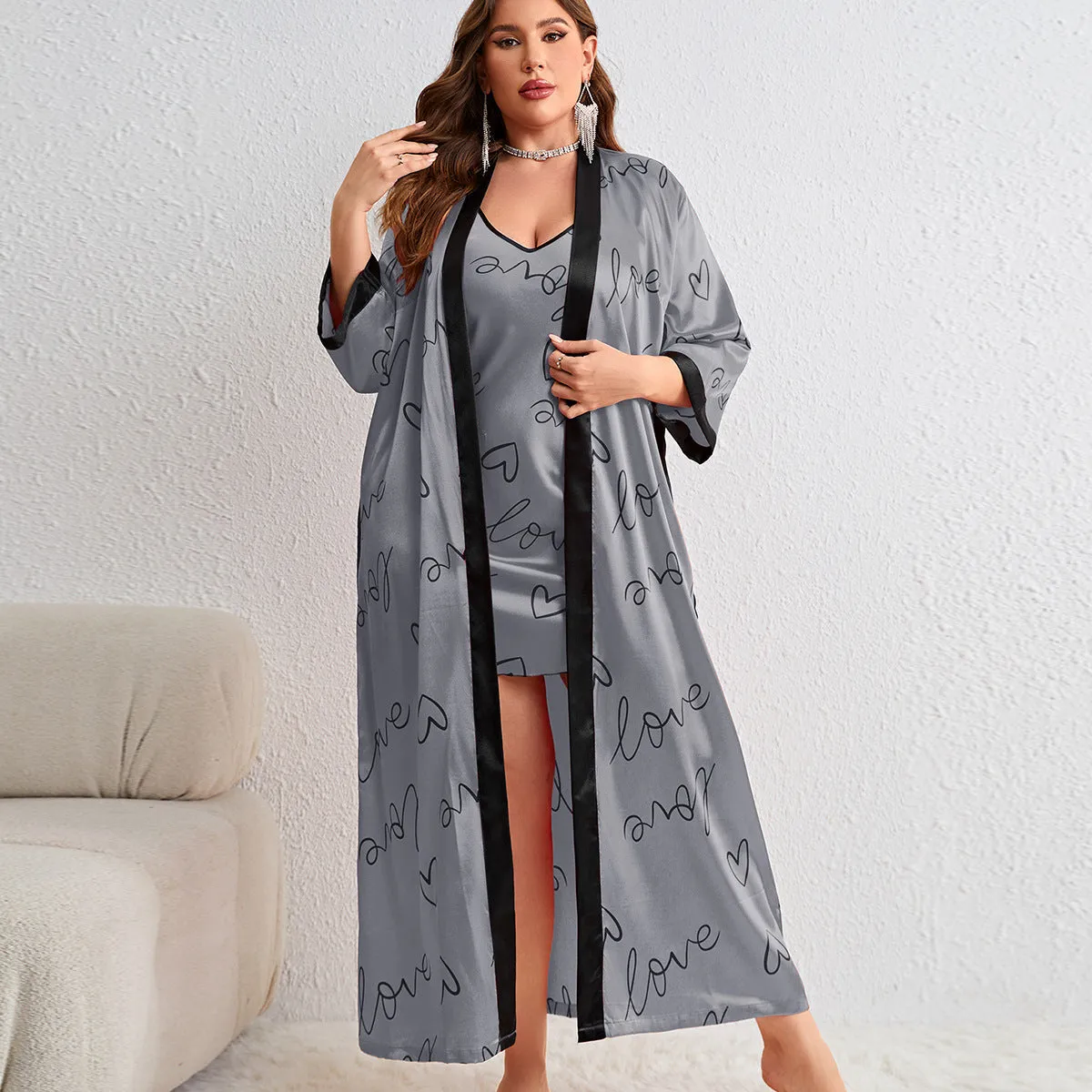 Plus Size Love Sling Nightgown Two Piece Women Casual Homewear Loose Lace Up Nightgown