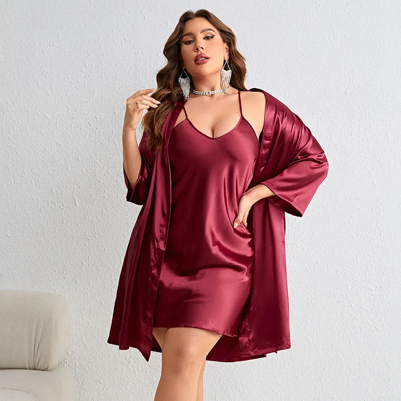 Plus Size Sexy Morning Gowns Slip Nightdress Suit Ice Silk Silk Pajamas Homewear Night Robe Spring Summer Two Piece Dress
