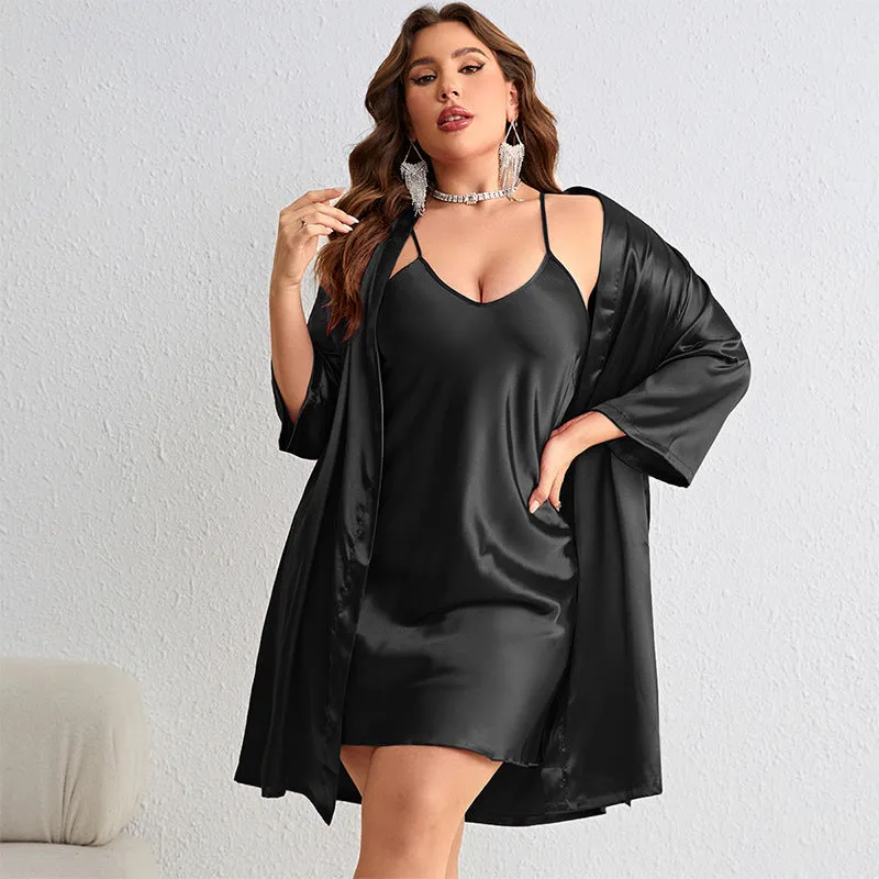Plus Size Sexy Morning Gowns Slip Nightdress Suit Ice Silk Silk Pajamas Homewear Night Robe Spring Summer Two Piece Dress