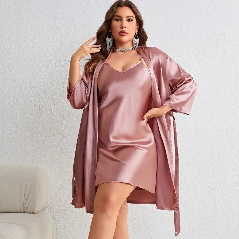 Plus Size Sexy Morning Gowns Slip Nightdress Suit Ice Silk Silk Pajamas Homewear Night Robe Spring Summer Two Piece Dress
