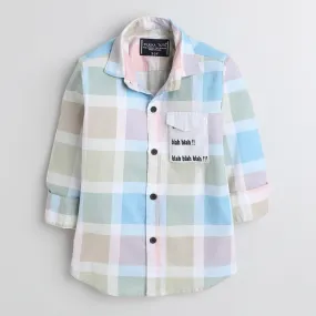 Polka Tots Cotton Full Sleeves Big Check Shirt With Blah Blah Pocket Print - Cream and Green
