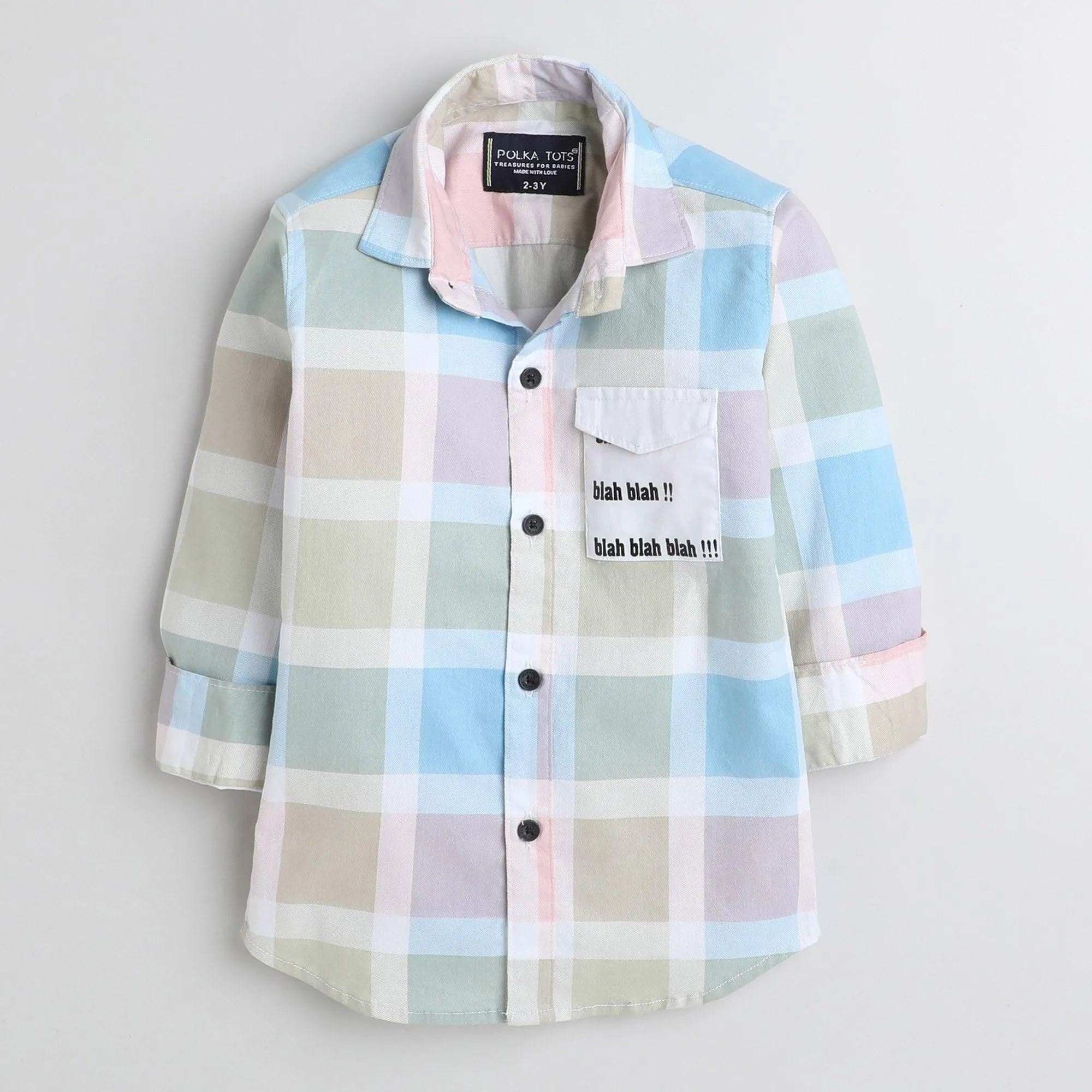 Polka Tots Cotton Full Sleeves Big Check Shirt With Blah Blah Pocket Print - Cream and Green
