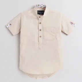 Polka Tots Half Sleeve Short Kurta Floral Placket and roll over loop - Cream