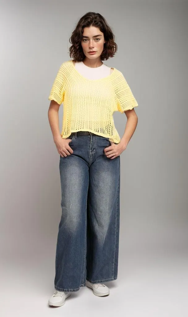 R207115-R207115 - Open Knit Crop Top - Yellow