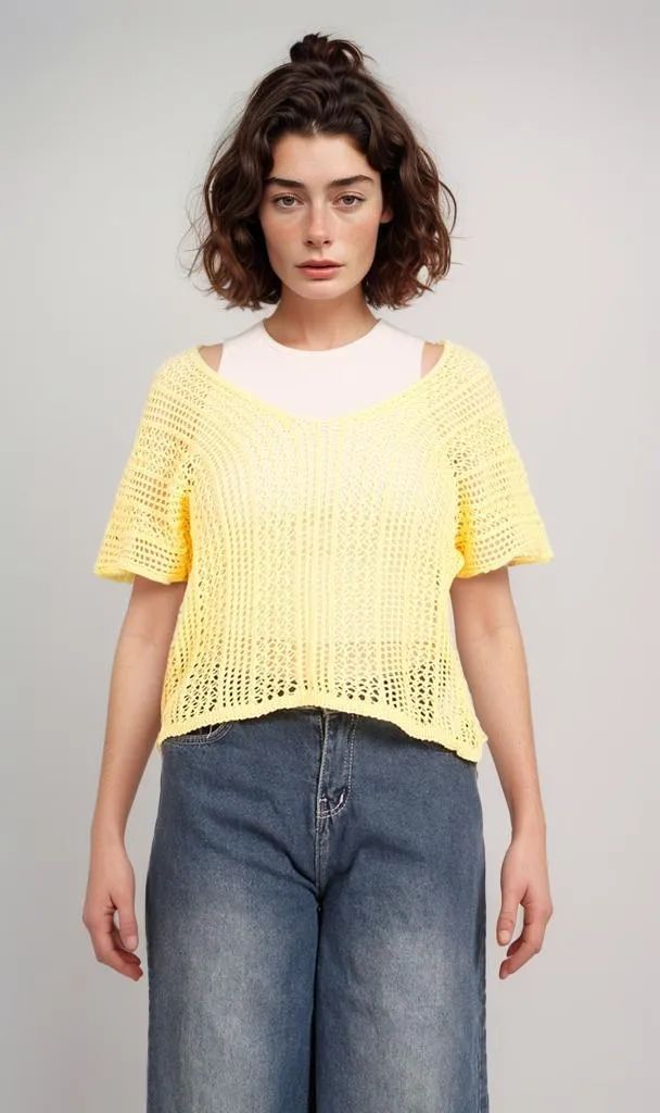 R207115-R207115 - Open Knit Crop Top - Yellow