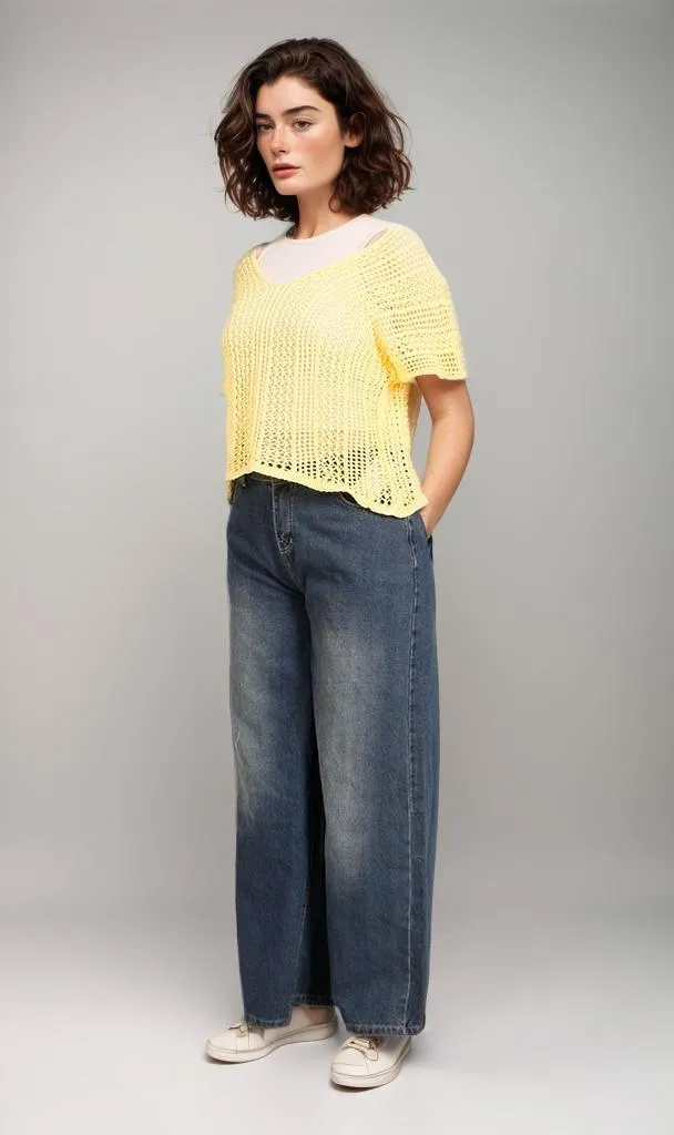 R207115-R207115 - Open Knit Crop Top - Yellow
