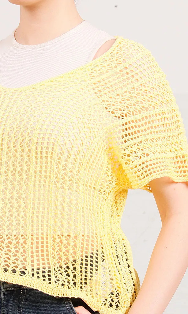 R207115-R207115 - Open Knit Crop Top - Yellow