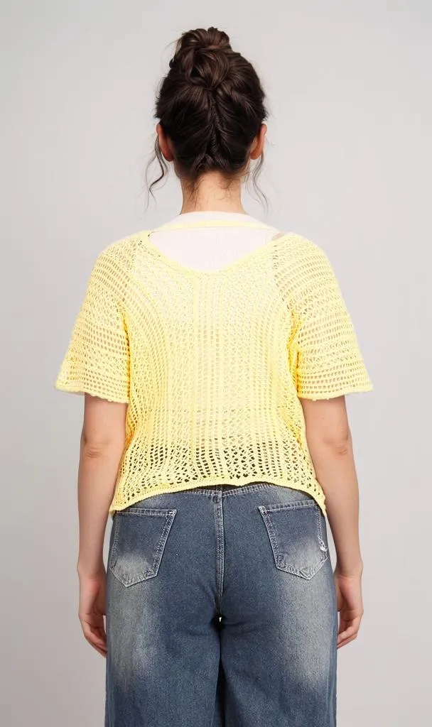 R207115-R207115 - Open Knit Crop Top - Yellow
