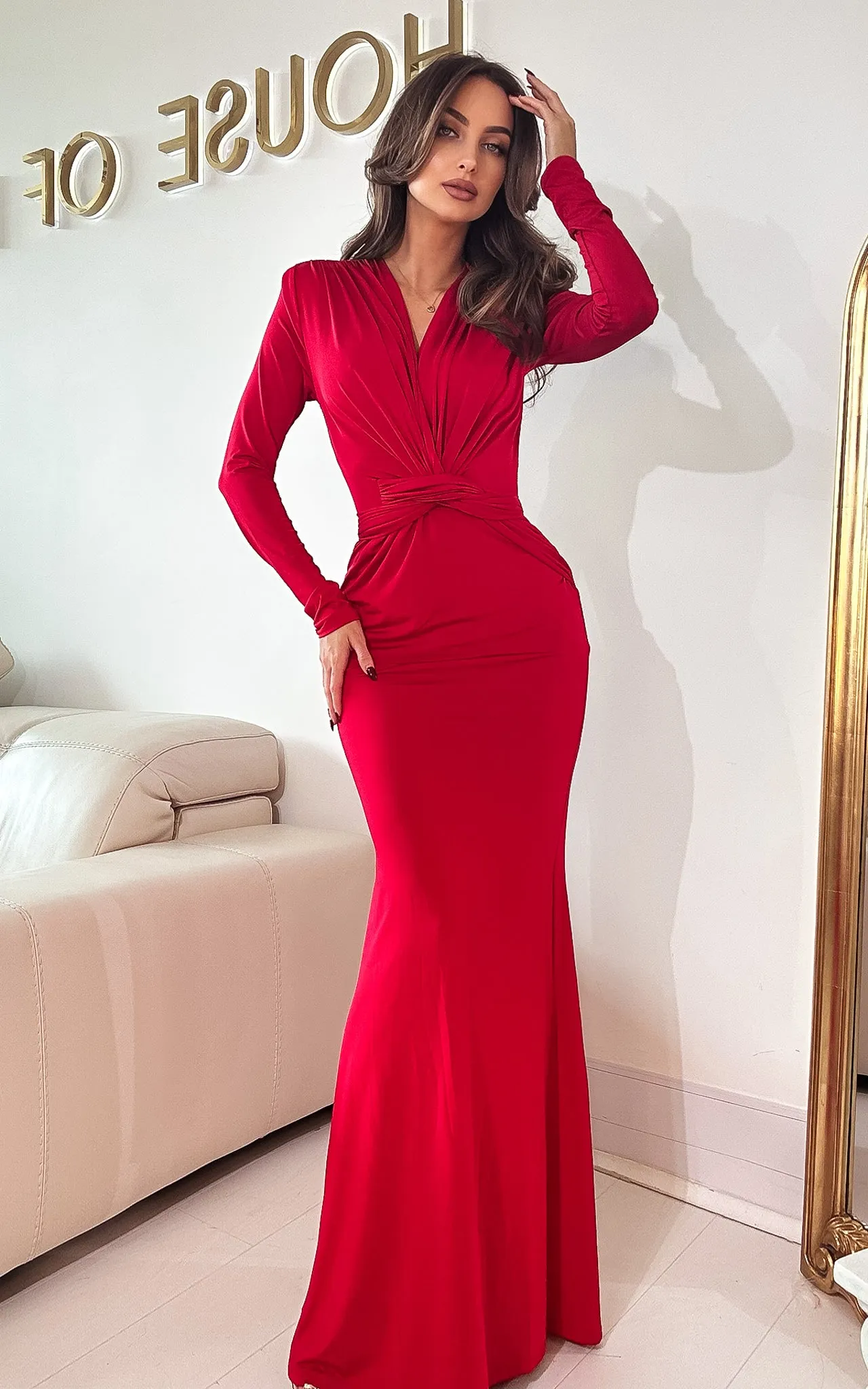 Stole Your Heart Red Deep-V Shoulder Padded Long Sleeve Maxi Dress