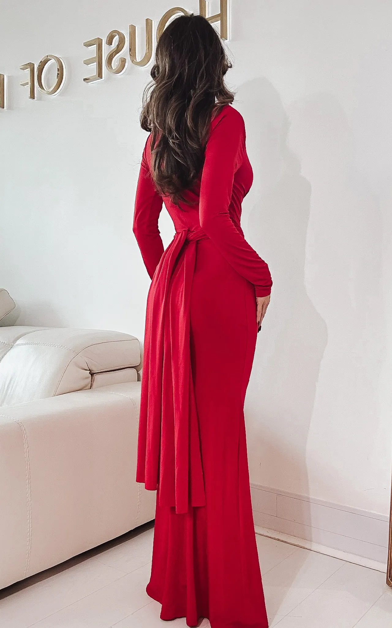 Stole Your Heart Red Deep-V Shoulder Padded Long Sleeve Maxi Dress